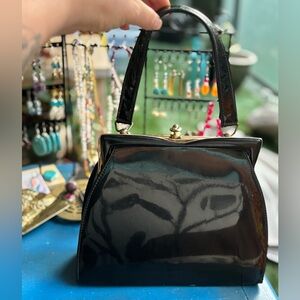 VINTAGE 1950’s Est Elegant Mod Black Shiny Faux Leather Handbag Clutch Women